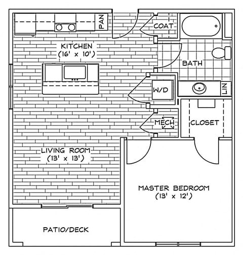 Floor plan for 1 bed, 1 bath, 687 sqft
